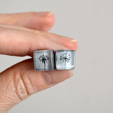 Dandelion button earrings, Gray color, Recycled glass and sterling silver