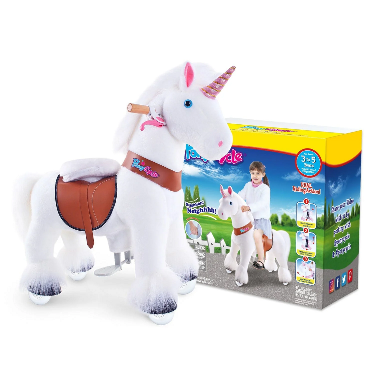 Ponycycle Ride on Toy White Unicorn | Edad 3-4 | Juguete de montar animal de lujoso | Clásico u mejores regalos
