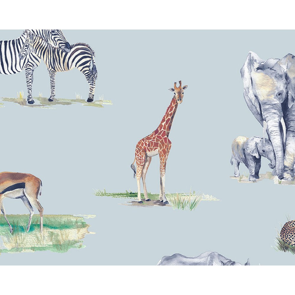 Kindertapete mit Safaritieren – Farbe Himmelblau