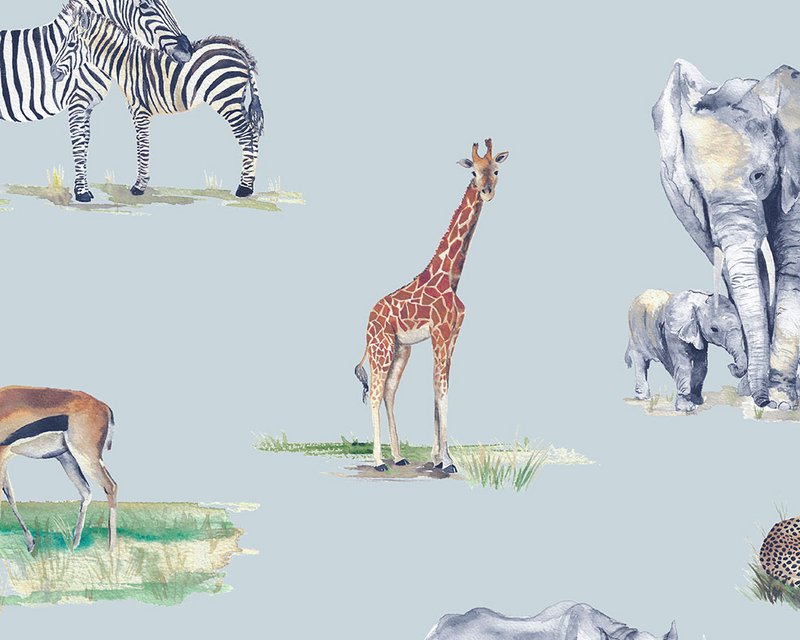 Kindertapete mit Safaritieren – Farbe Himmelblau