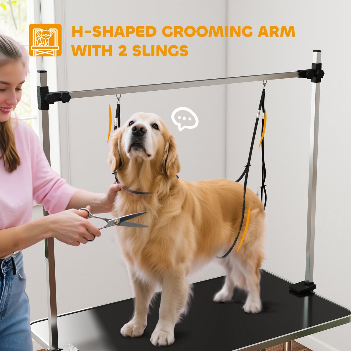 Trimming table for dogs, dog grooming table, foldable, pet grooming table with height-adjustable boom, slings, non-slip surface, shearing table up to 150 kg, 91.5 x 61.5 x 76 cm, black