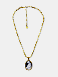 Gold chain necklace with Virgin Mary medallion pendant, religious jewelry, oval charm, spiritual accessory.