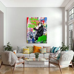 Colorful plexiglass image featuring a person in a black outfit against a vibrant, abstract background. The image is available in various sizes from 30cm x 45cm to 100cm x 150cm.