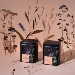 Nordic Tea BLOSSOM - bagged tea. Floral tea with delicate flavors, packaged in a black box with botanical illustrations.