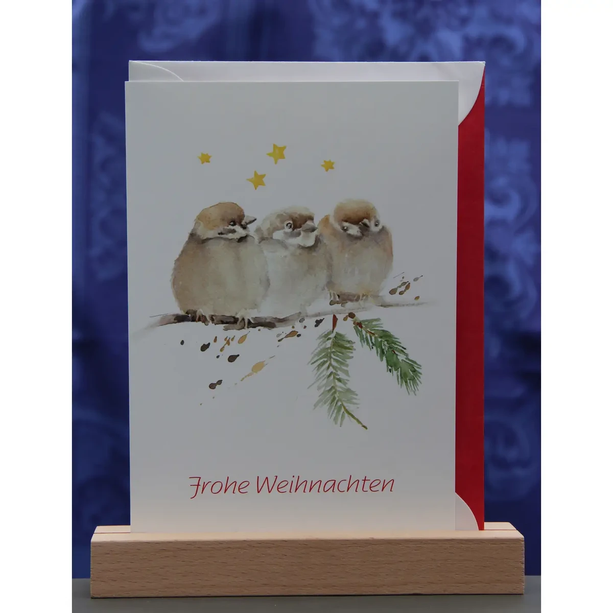 Watercolor card 3 sparrows | Merry Christmas | Colorful stars