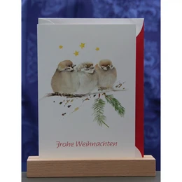 Watercolor card 3 sparrows | Merry Christmas | Colorful stars
