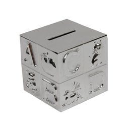 Cube-shaped piggy bank with alphabet letters ABC, silver metallic finish, educational design for children's savings.