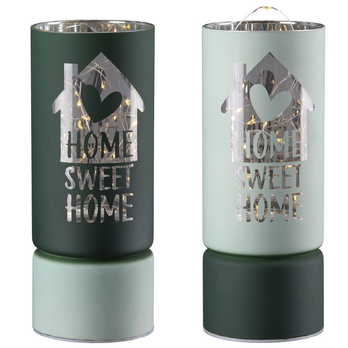 Windlicht (LED), zylindrisch, "Sweet Home", Hausmotiv, Spruch, Glas, hellgrün, dunkelgrün, VE 8, 2fach sortiert, H. 15 cm, D. 7 cm