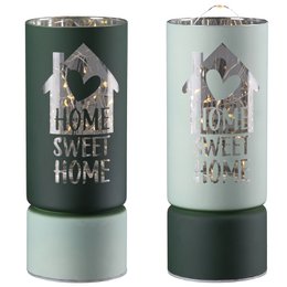 Windlicht (LED), zylindrisch, "Sweet Home", Hausmotiv, Spruch, Glas, hellgrün, dunkelgrün, VE 8, 2fach sortiert, H. 15 cm, D. 7 cm