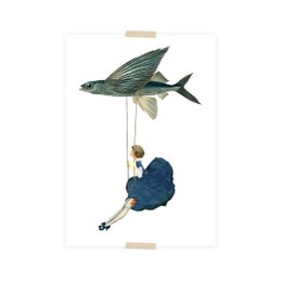 Postkort collage lille dame hængende på flyvefisk