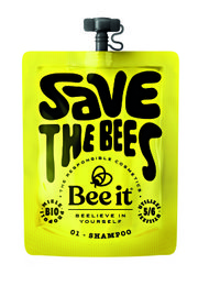 Nourishing 50ml shampoo in yellow bottle with "Save the Bees" text and bee graphic.