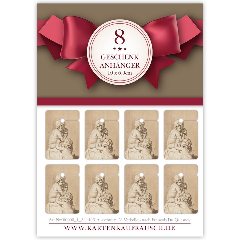 8 art gift tag tags, format 6.9 x 10cm with cute putti and little dog