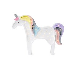 Decorative unicorn lamp with rainbow, denim glitter, baby blue wood, rainbow wood, and cappucino color variants. Suitable for kids' rooms.