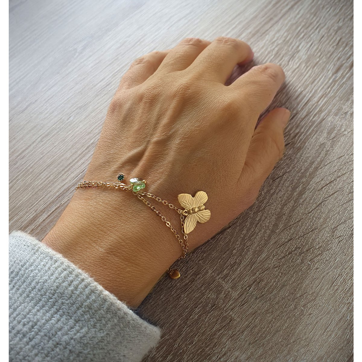 18K gold plated double chain butterfly and Emerald bracelet