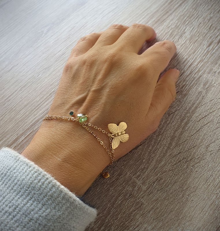 18K gold plated double chain butterfly and Emerald bracelet