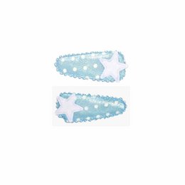 Two light blue hair clips with white polka dots, suitable for young girls.