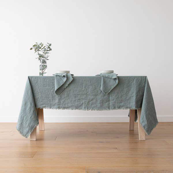 Linen Tablecloth Spa Green Terra Fringe