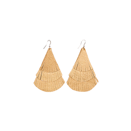  Leather earrings with fringes and tassels in a gold color. Statement earrings with a unique fan-shaped design.