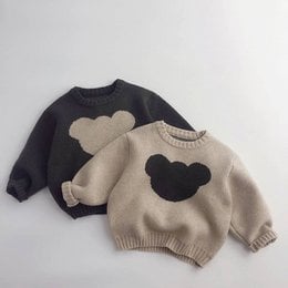 Knitted kids' sweater with Mickey Mouse design, available in gray and beige colors, sizes 6-12 months to 7-8 years.