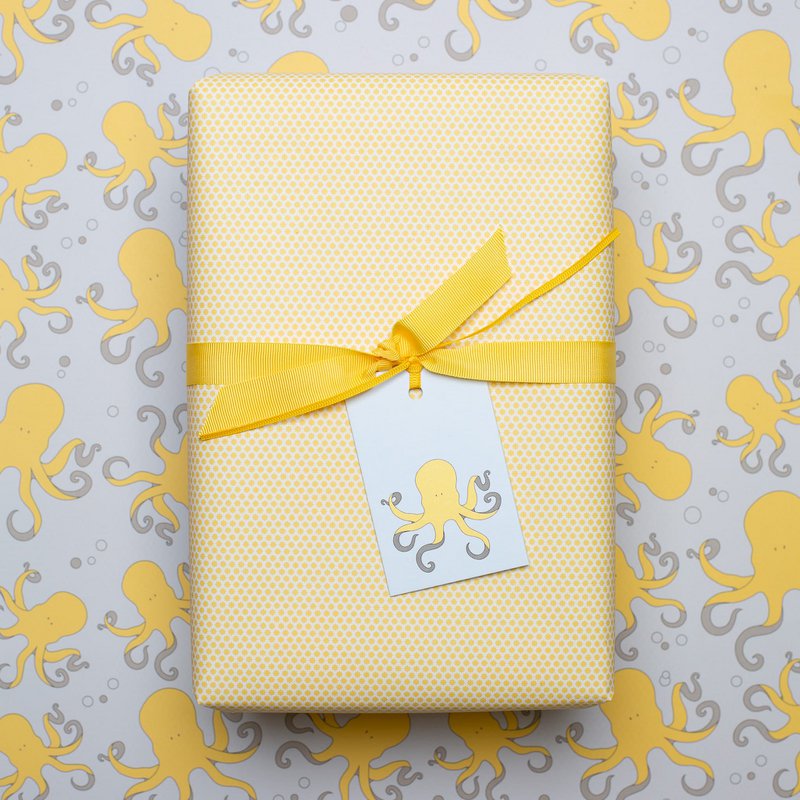 Carta di avvolgimento azzurra e gialla con polpi, carta avvolgente per bambini con motivo a polpo per il compleanno dei bambini, per regali per la nascita o il battesimo -