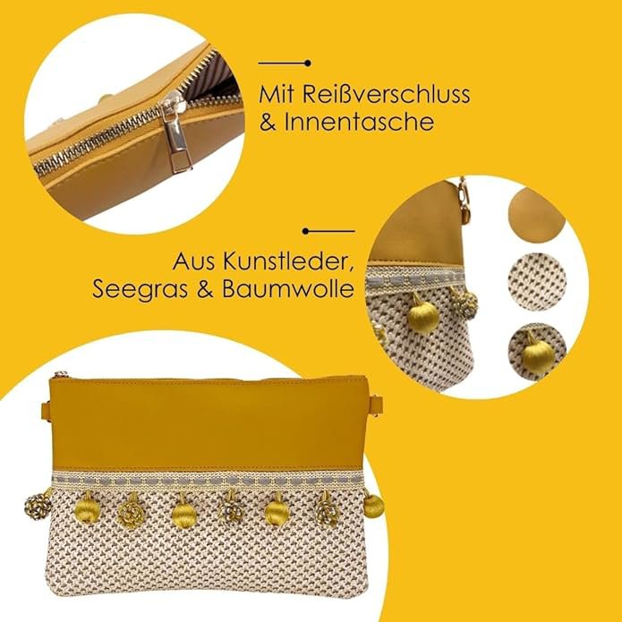 Gewebte Strohtasche "Valetta" Klein // 2 in 1 Umhängetasche & Stroh-Clutch mit Bommel // Gewebte Strandtasche, Basttasche, Flechttasche, Crossbody Tasche für Sommer, Strand - Boho Chic