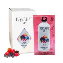 A 15-bag pack of Bragulat B12 + Red Fruits juice, featuring a vibrant pink bottle with a mix of red fruits like raspberries, blackberries, and strawberries.