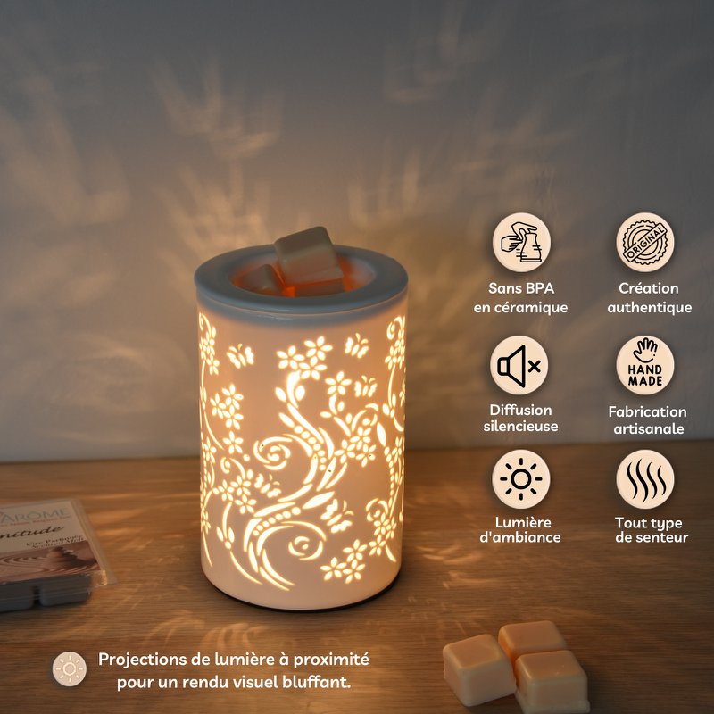 Zachte warmteverspreider – Calorya n°1 – Keramiek met verwijderbare schaal – Verspreiding en lamp – Geparfumeerde was, etherische oliën – Decoratief idee