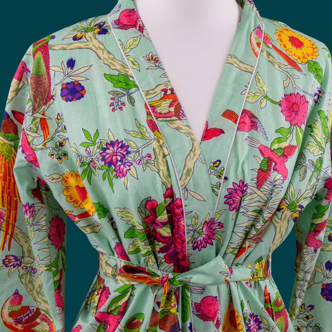 Stampa a blocchi verdi chiari Morning Coat, accappatoio, 100% di cotone, mantello mattutino, kimono, dall'India, impronta a mano