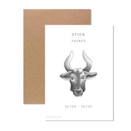 A greeting card featuring a black and white illustration of a Taurus zodiac symbol. The card has a minimalist, modern design with the text "Taurus" and the years 2016-2017.