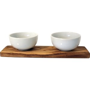 2 porcelain bowls on an olive wood base