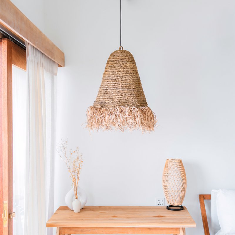 Raffia Boho Lampeskærm – Hængelampe – Pendel – Håndvævet loftslampe med lange frynser (3 størrelser Ø 30/40/50 cm) KALIMA
