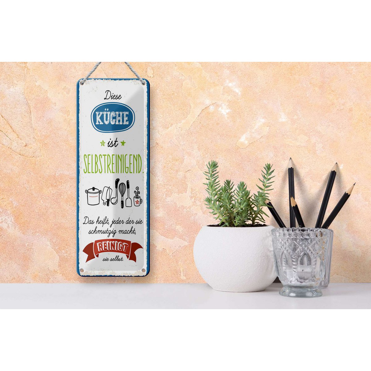 Tin sign saying 27x10 cm kitchen self-cleaning That means every decorative sign
