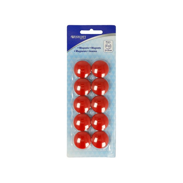 Magnet Westcott rød pakke med 10 stk. Ø 25mmx11,8mm, 300g hætte: 4-6 ark 80gr. papir