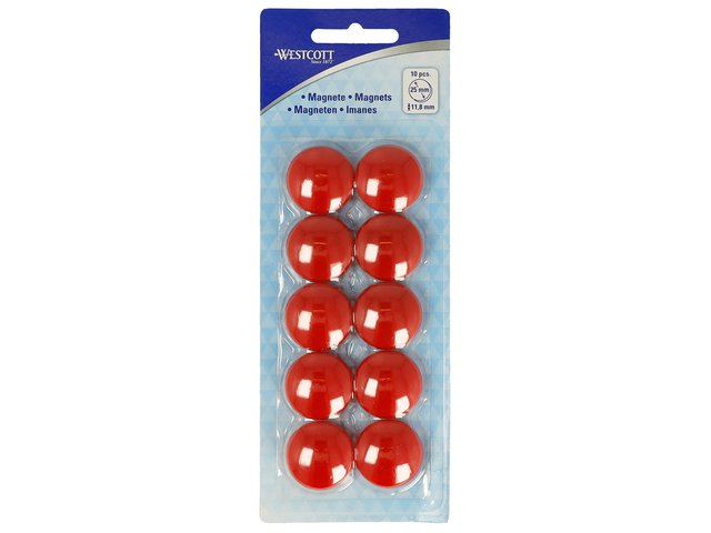 Magneet Westcott rood pak à 10st. Ø 25mmx11,8mm, 300g cap: 4-6 vel 80gr. papier