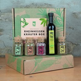 This Rheinhessen herb box contains a variety of herbs and a bottle of basil oil, perfect for adding flavor to your cooking. The box includes a selection of herbs and spices, along with a bottle of high-quality basil oil.