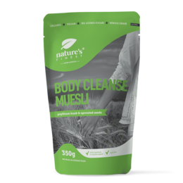 Organic body cleansing muesli made with natural ingredients. Contains oats, nuts, seeds, and dried fruits for a balanced and nutritious breakfast.