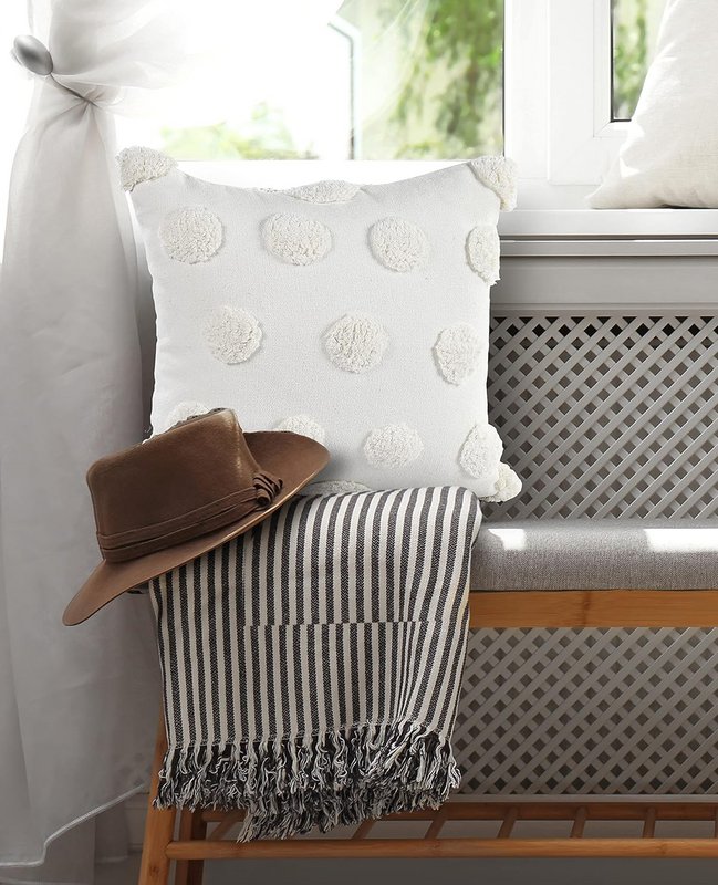 Funda de cojín | Algodón Con Mechones De Puntos Boho Blanco | 46x46cm