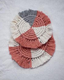 Beige rust macrame handwoven cotton coasters, round textured woven design, boho style, 6 inch diameter set.
