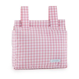 Pink and white checkered diaper bag with multiple compartments and straps for stroller attachment.