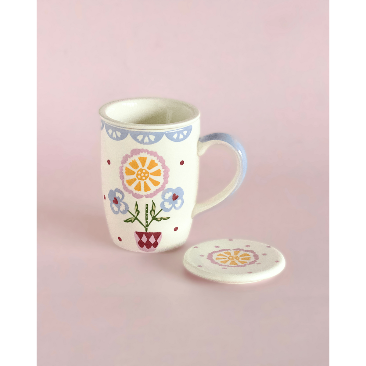 Tasse en céramique peinte à la main avec infuseur et couvercle - Motif floral, 385 ml