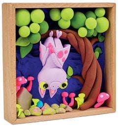 Wooden sensory craft kit with purple bat, colorful pom-poms, pink flowers, brown branches, green leaves, interactive small world play set.