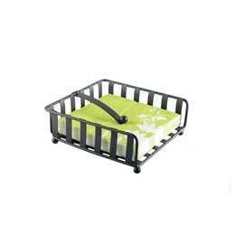 Black metal towel holder with a modern, minimalist design. Suitable for use in bathrooms, kitchens, or other areas to neatly store and display towels.