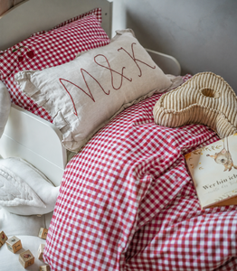 Raspberry red checked bed linen with an embroidered cherry-shaped appliqué | pillowcases 150×200, 50×60 cm