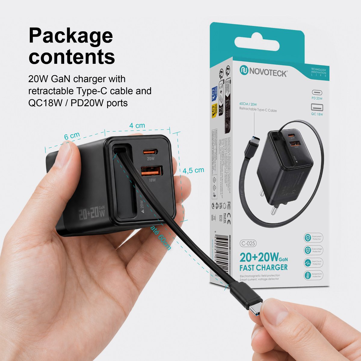 Cargador GaN de 40W con cable USB-C retráctil – NOVOTECK C-025