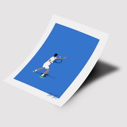 A poster depicting a tennis player in action on a blue background. The poster features a minimalist, stylized illustration of a tennis player swinging a racket.