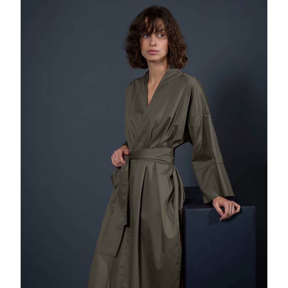 Bata De Satén Kimono Un Color Caqui