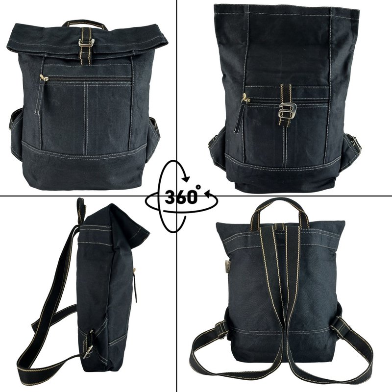 Mochila Domelo de lona encerada. Mochila unisex impermeable. Mochila de ocio vegana. Diseño de mochila enrollable monocromática con mucho espacio.
