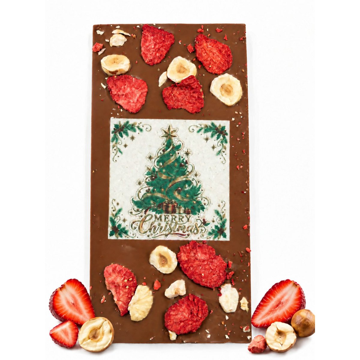 Milchschokolade Weihnachtsbaum - Erdbeere, Haselnuss 95g