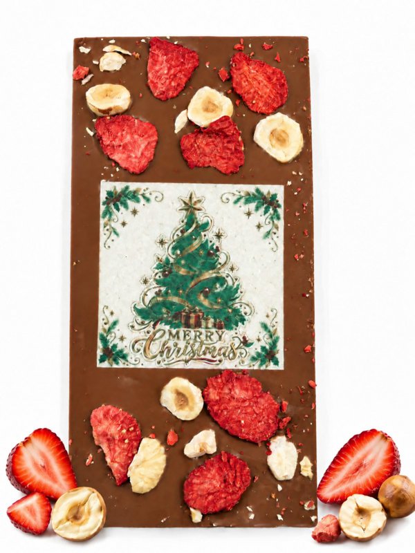Milchschokolade Weihnachtsbaum - Erdbeere, Haselnuss 95g