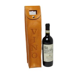 Leather wine holder in yellow ocher color. Designed to hold a single wine bottle securely.